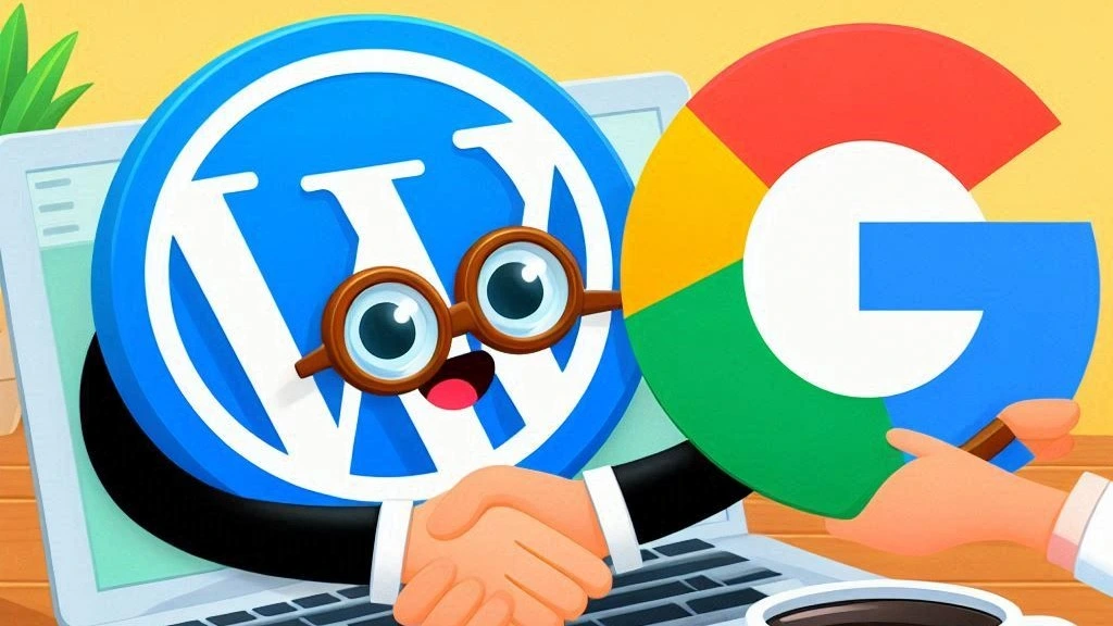 WordPress logo and Google logo shaking hands