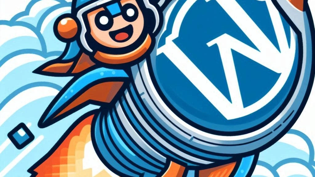 a man riding a rocket with the WordPress logo